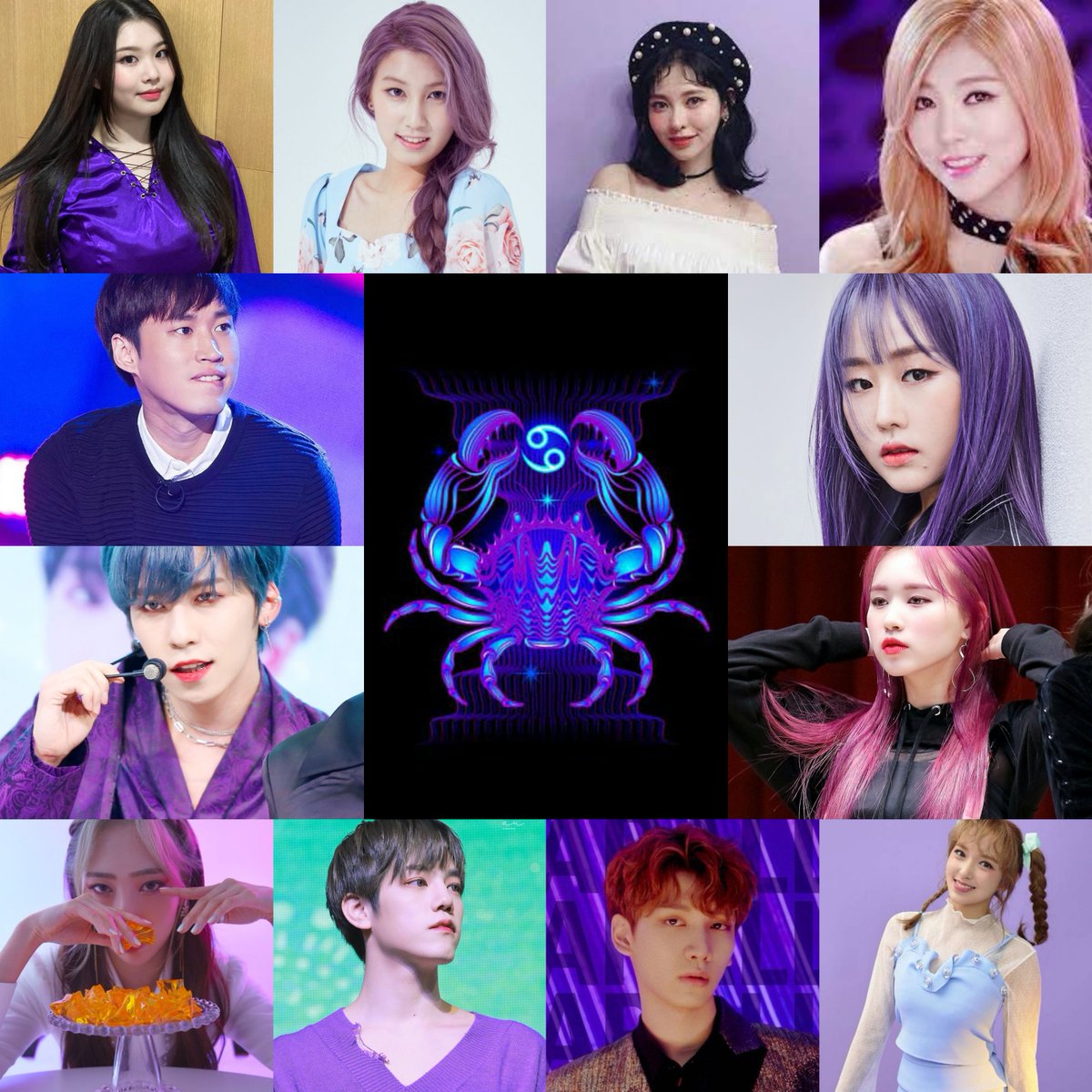 TooOld4Kpop's tweet photo. meet the #kpop Cancer line, purple edition
#Swan (#Purple_Kiss), #Dia (#PIXY), #Yebin (#DIA), #Seoyoung (#HelloVenus), #Tablo (#EPIKHIGH), #BabySoul (#Lovelyz), #Keonhee (#ONEUS), #Elly (#WekMeki), #Chaea (#RedSquare), #Hun (#NFlying), #Hyuk (#VIXX), #ChengXiao (#WJSN) https://t.co/yx99CRXbwp
