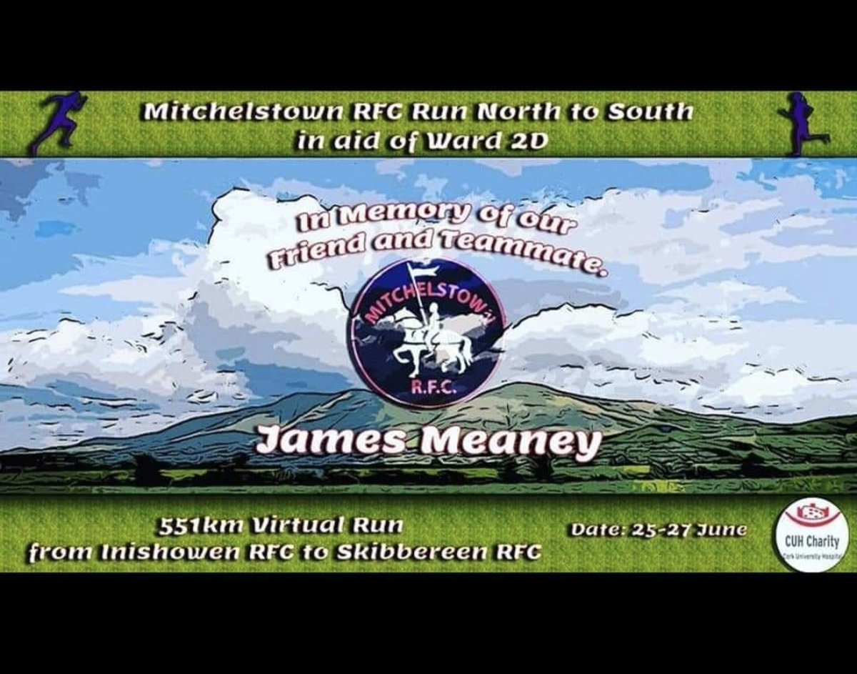 GaaMitchelstown's tweet photo. Our friends at @MitchelstownRFC are participating in a fundraiser run this weekend in memory of their great friend James Meaney. All proceeds to Ward 2D at CUH.
Well done lads and please donate anything you can at the link below
https://t.co/wPAU6UhYrP https://t.co/BR4qm9C3Gz