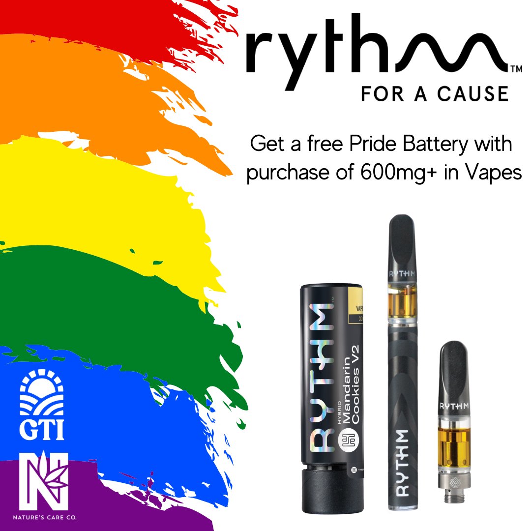 Get a free Rythm Pride Cartridge Battery with purchase of 600mg or more in Rythm vapes!