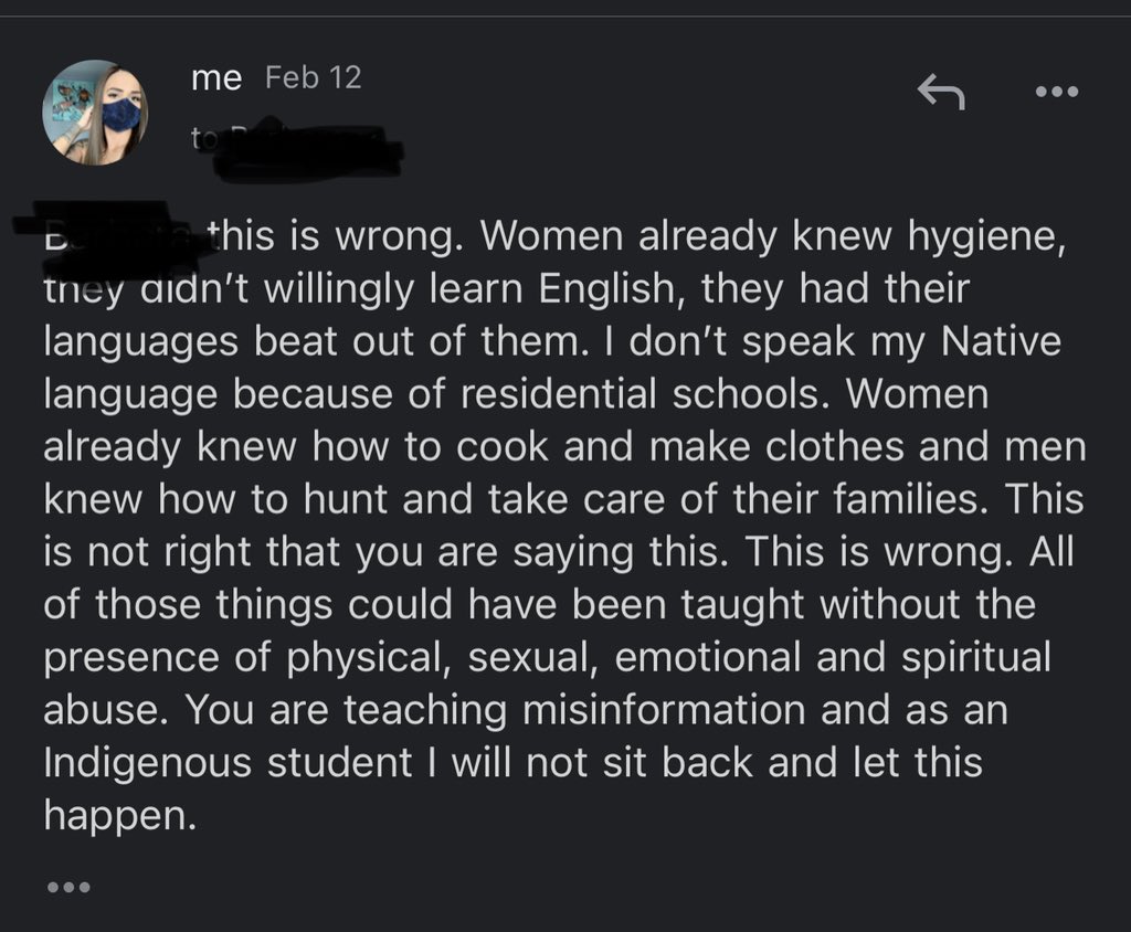 So she is saying we were filthy and didn’t know how to clean? She is saying that my mom willingly learned english and willingly lost our language. My ancestors were master seamstresses, we knew how to cook and sew. Of course I had to respond to the previous email. 6/10