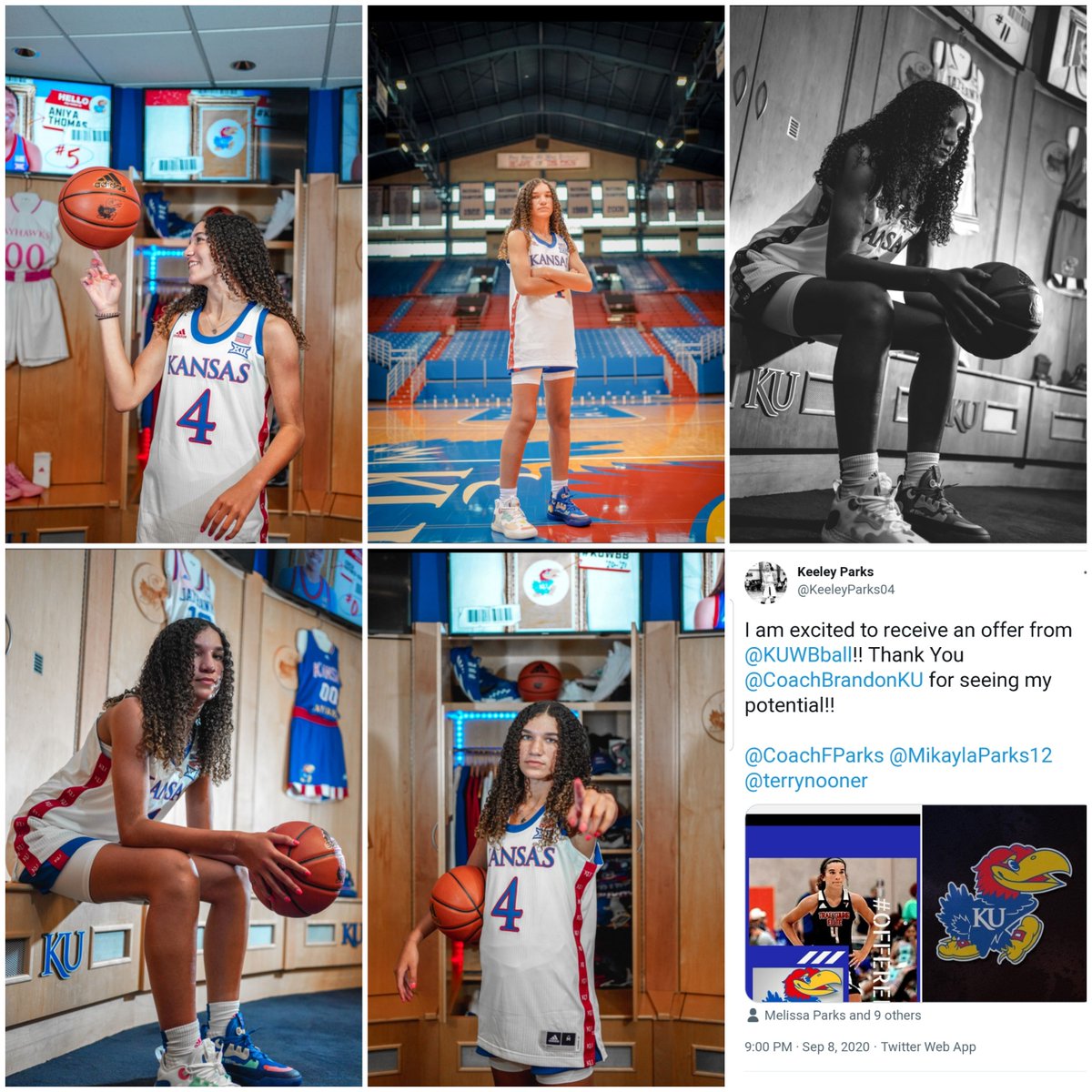 KeeleyParks04's tweet photo. Fun day yesterday! Offered back in September and finally able to get on Campus!! THANKS for the hospitality @KUWBball during the unofficial visit!! Had a Great time hanging with @CoachBrandonKU, @TerryNooner, @MoPaige05, @_CoachRy!! 💙❤🏀 #RockChalk #CurlsSquad #Reloading https://t.co/G2I8U4w3TQ