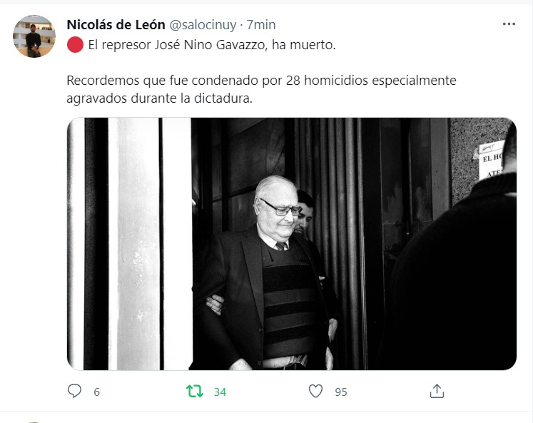 Murió Gavazzo, un asesino, torturador, violador y también un vulgar ladrón, que se paseó impune en Uruguay, amparado por la ley de Caducidad hasta el 2005.
Fue Tabaré Vázquez y el gobierno del <a href="/Frente_Amplio/">Frente Amplio</a> los que permitieron actuar a la justicia y condenar a este delincuente