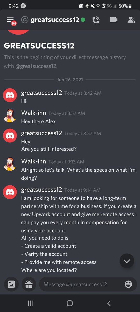 Walkin_Inn's tweet photo. So recently I created an account on Fivver and someone reached out to me via message. And asked to talk on discord. Here's what I said in order. Lol 😆 #Fiverr #Scam2021 #scammerfail
 Don't let people try to scam you please. Lol https://t.co/G1uqx5lYSM