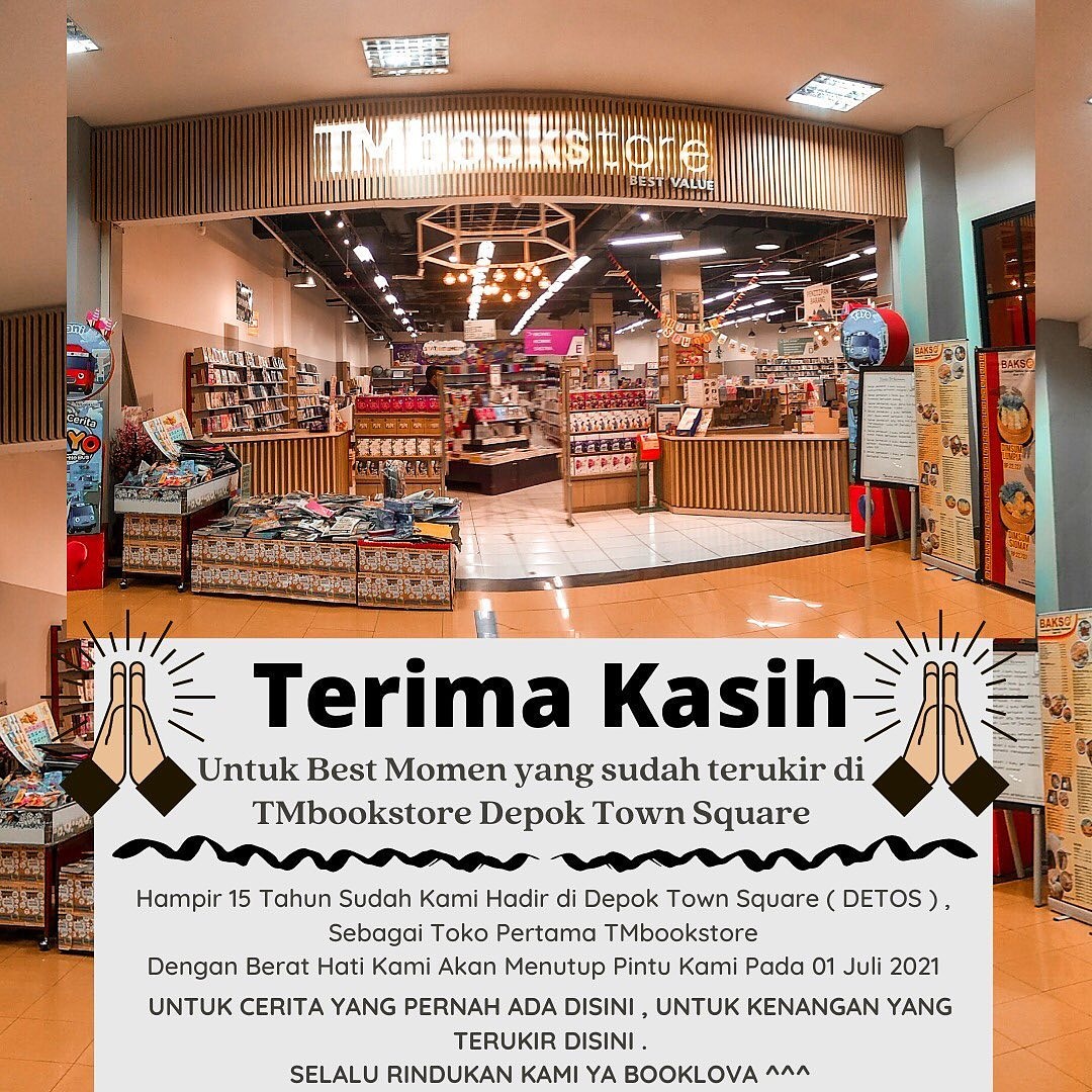 Dear Booklova 🙏🙏🙏
Dengan berat hati ,bersama ini kami infokan bahwa pertanggal 1 Juli 21.
TMbookstore Detos akan berhenti beroperasi untuk  seterusnya. 
Terima kasih untuk semua pengunjung setia TMbookstore Detos, yang sudah mempercayai kami sebagai toko buku pilihan kalian