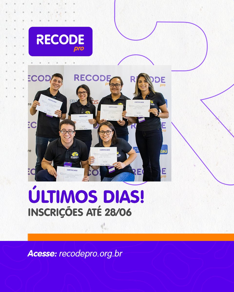 rederecode's tweet image. Você tem até 28/06 para se inscrever no #RecodePRO 2021!
Aproveite o final de semana para concluir os cursos de Gestão de Projetos e Aplicativos de Impacto e ProgramAção, presentes na primeira etapa do processo seletivo.
Acesse: recodepro.org.br
