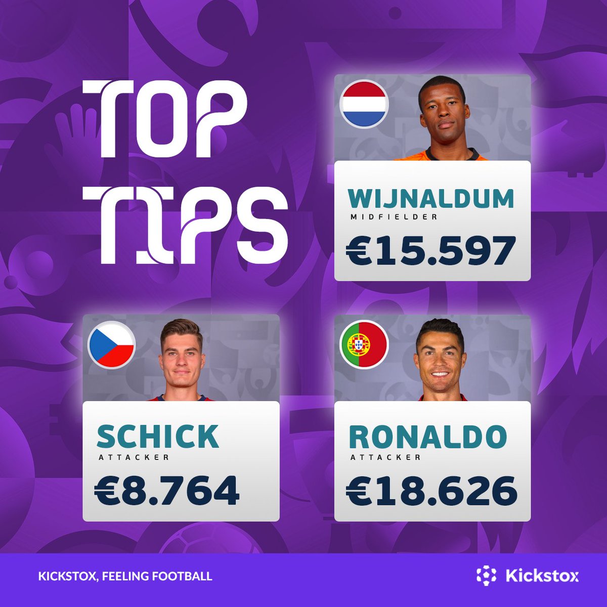 Our top tips for the round of 16! All of them fighting for the topscorer title, but who will come out on top?
🤑⚽️🏆📈💰🇪🇺⠀⠀
⠀⠀
#Kickstox #Euro2020 #Euro #2021 #ronaldo #schick #wijnaldum #football #trading #game #battle⠀