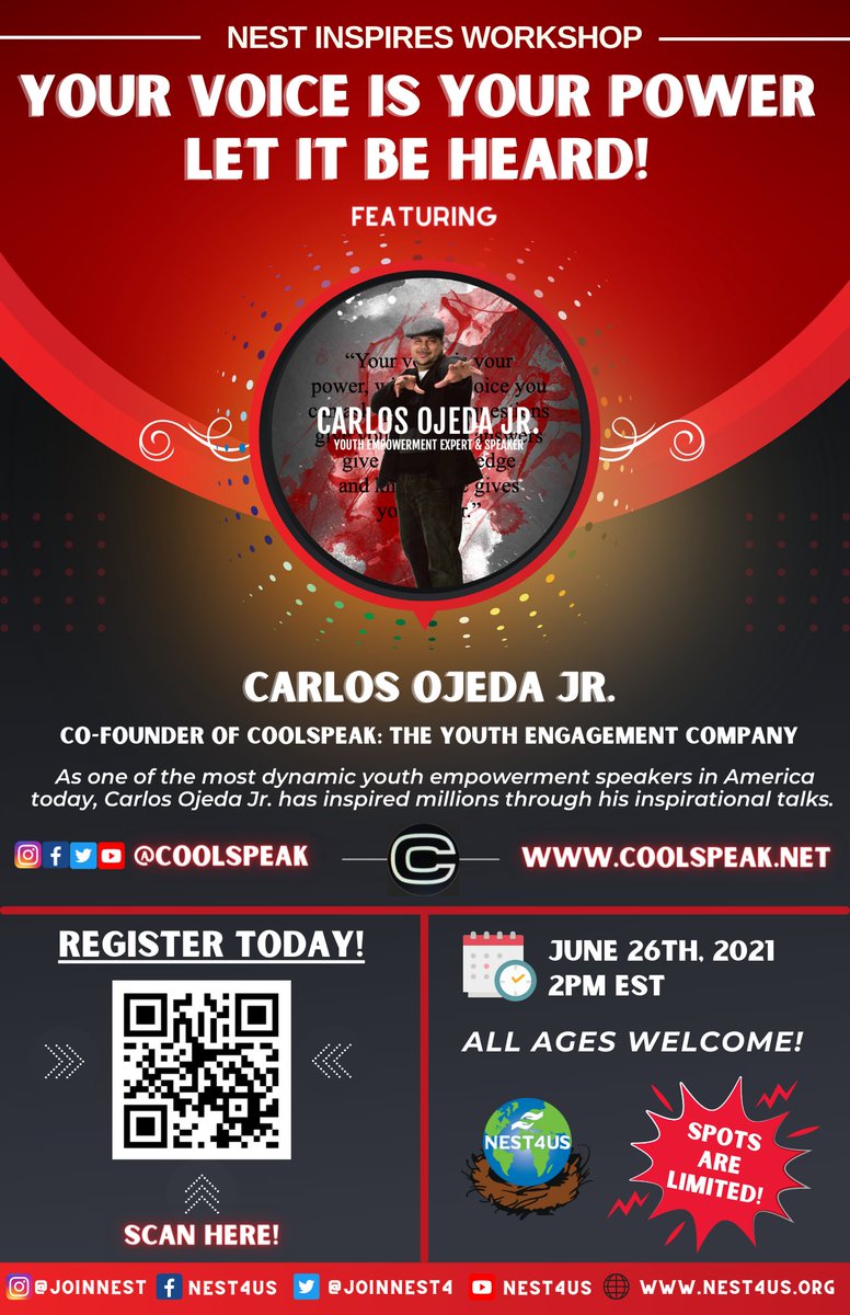 There’s still time to #joinus today at 2pm for our #NESTInspires free #virtualworkshop “Your Voice Is Your Power' presented by #empowerment #speaker @CarlosOjedaJr, co-founder of @CoolSpeak! #NEST4US #Leadership #YouthPower #Inspire nest4us.org bit.ly/2SDFXMS