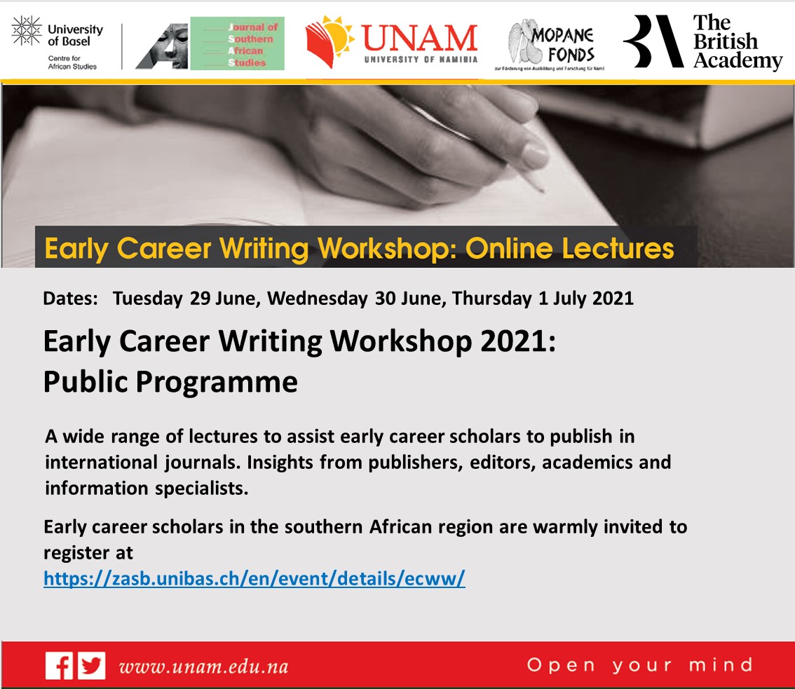 JSAS_Editors's tweet photo. JSAS warmly invites early career scholars in the Southern African region to register for the online Writing Workshop programme (29 &amp; 30 June and 1 July). Essential advice on getting published. See https://t.co/37iTjTbRVn
In partnership with @unam_na &amp; @ZASBasel. 
@TandF_Africa https://t.co/DFIjkYGTRa
