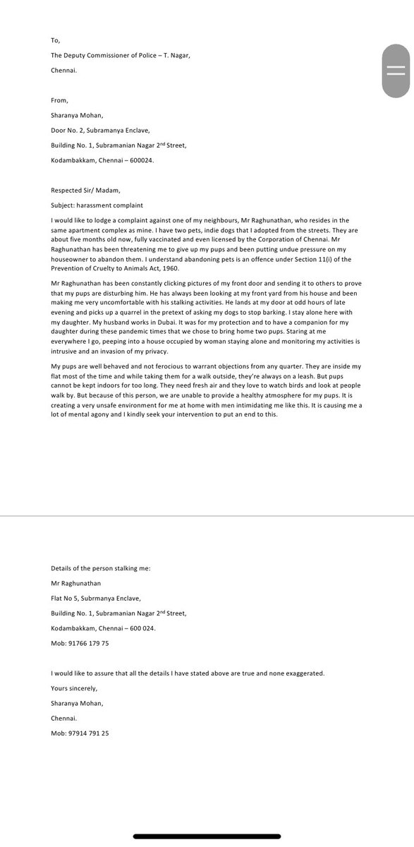 ThoughtSpewer's tweet photo. @dcptnagar @chennaipolice_ I’m being harassed for being a woman staying alone and having pets in my apartment. I request the Chennai Police to kindly intervene and put and end to men intimidating and threatening me to abandon my pets. I have attached a copy of my complaint. https://t.co/ML2CDHncve