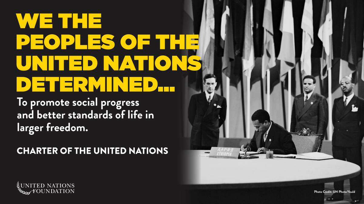 unfoundation's tweet photo. Today is #UNCharterDay!
In 1945, countries united to sign the historic document, which enshrines the values of peace, justice, human dignity, and more. 

Here's what you should know about the Charter, which guides the @UN to this day: https://t.co/SPHnkNc0ia https://t.co/b9AeIQ5YDM