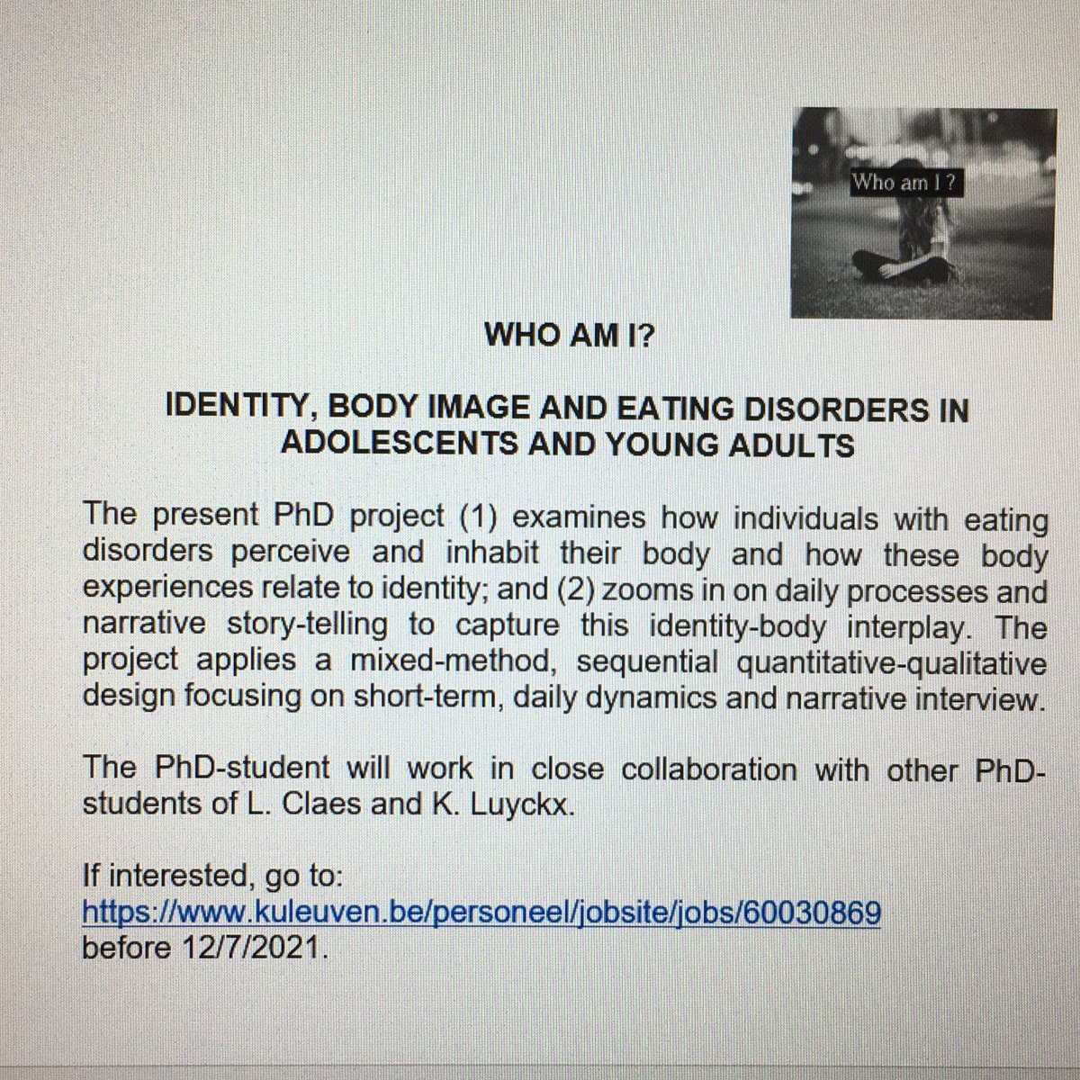 PhD position: Identity, body image &amp; eating disorders