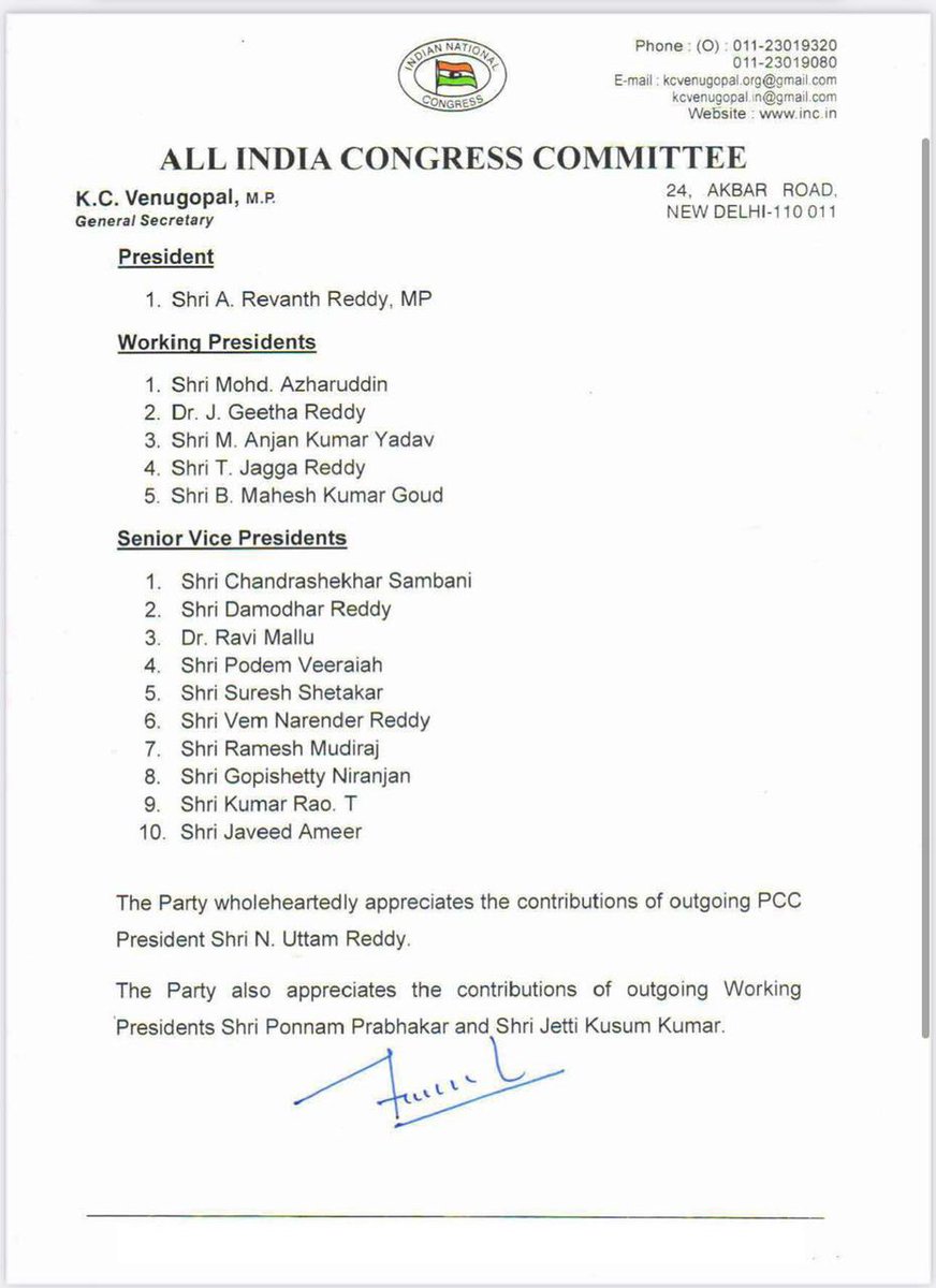 Extremely honoured to be given the responsibility of Telangana Pradesh Congress committee president Heartfully thanking Smt. Sonia Gandhi ji @INCIndia, @RahulGandhi ji and @priyankagandhi ji for having faith in me. @kcvenugopalmp @manickamtagore @INCTelangana