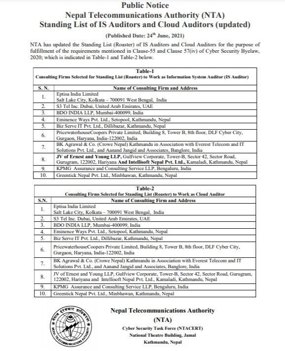 greentick_'s tweet photo. Today we feel privileged to announce that we are shortlisted by NTA to work as Information Systems Auditor and as Cloud Auditor in Nepal for the purpose of verifying the compliance of Cyber Security Byelaw, 2020.
#cybersecurity #informationsecurity #infosec #nepal https://t.co/76TyhpGRwk