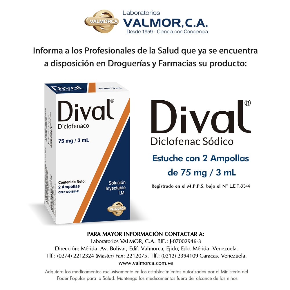 Laboratorios #Valmorca anuncia al Gremio Médico y Profesionales de la salud que ya se encuentra disponible en droguerías y farmacias a nivel nacional:⠀

Dival®, Diclofenac Sódico en estuche con 2 ampollas de 75 mg /3mL , en Laboratorios #Valmorca somos "Ciencia con Conciencia"💊