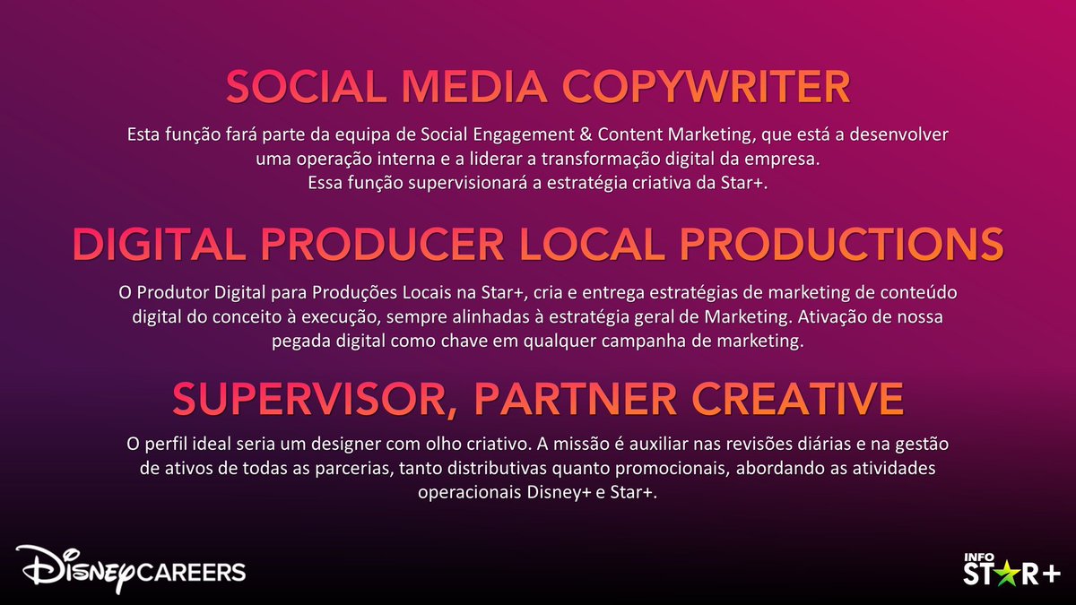 StarPlusPortal's tweet photo. Disney abriu 3 novas vagas de emprego no Brasil para integrar a equipe do Star+, sendo elas 'Social Media', 'Produtor Digital para Produções Locais' e 'Supervisor/ Parceiro Criativo'. #StarPlus

Confira a descrição de cada:

Via: @InfoStarPlusBR https://t.co/cRI2ooaamt