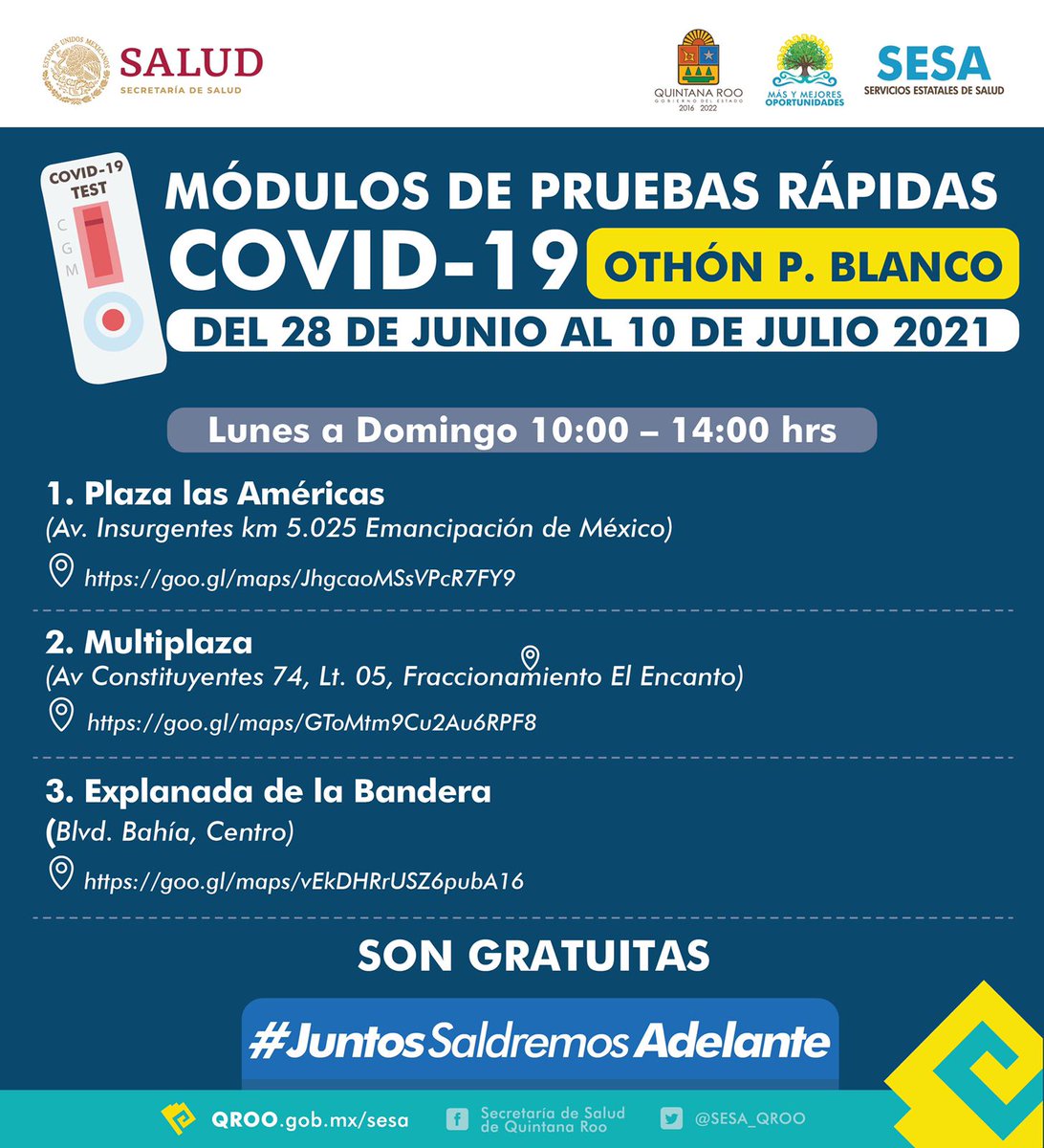 CarlosJoaquin's tweet photo. Seguimos adelante con nuestros programas contra #Covid19. Del 28 de junio al 10 de julio, estaremos haciendo pruebas rápidas gratuitas en #Cancún, #Cozumel y #Chetumal. #JuntosSaldremosAdelante @SESA_QROO https://t.co/NH63zAqNte