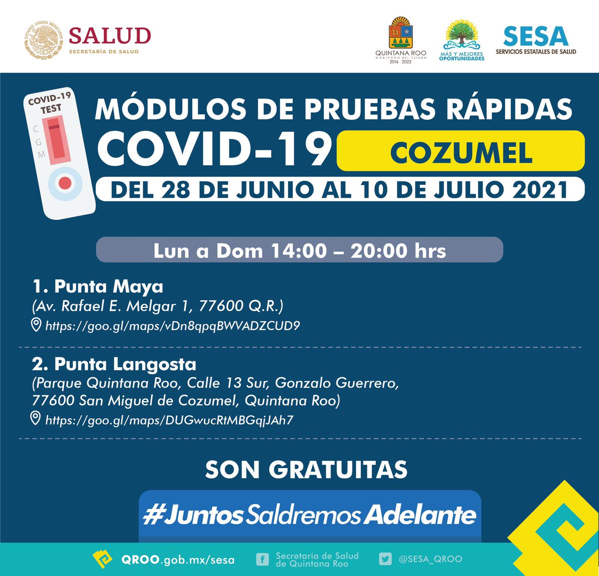 CarlosJoaquin's tweet photo. Seguimos adelante con nuestros programas contra #Covid19. Del 28 de junio al 10 de julio, estaremos haciendo pruebas rápidas gratuitas en #Cancún, #Cozumel y #Chetumal. #JuntosSaldremosAdelante @SESA_QROO https://t.co/NH63zAqNte