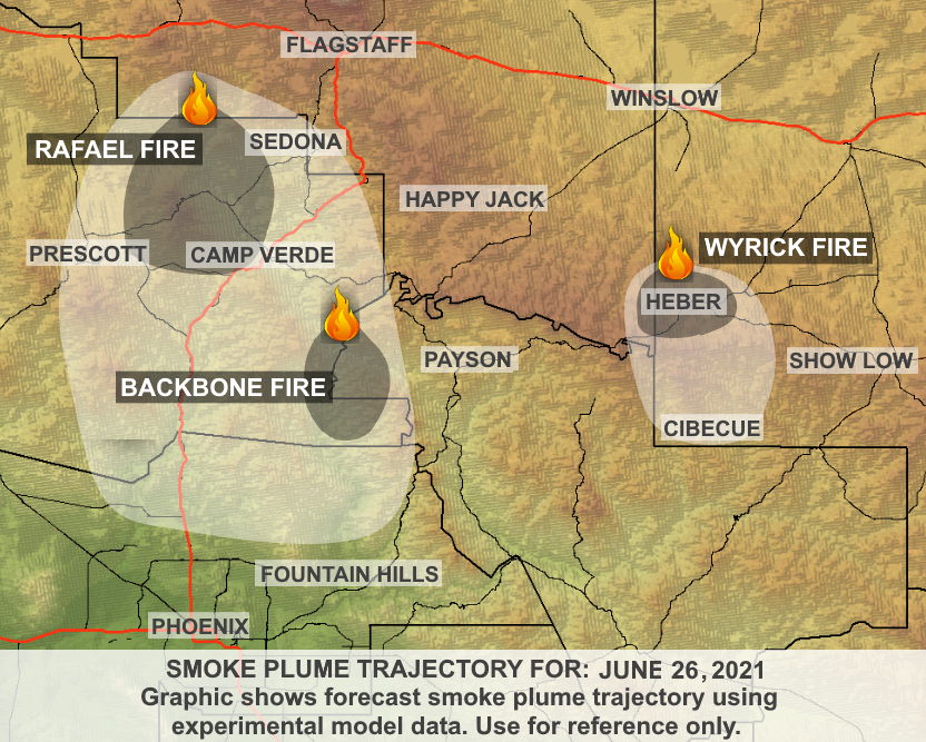 ArizonaDEQ's tweet image. ADEQ has UPDATED the #BackboneFire Wildfire Smoke Forecast. See how the #smoke is affecting your local community #CampVerde #StrawberryAZ #PineAZ #Payson #HappyJack #Heber #ShowLow #AZFire

Learn More: bit.ly/BackboneFire