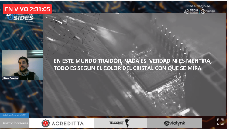 BSides593's tweet photo. Edgar Paredes comparte su conocimiento con la comunidad en el #BsidesEcuador2021. https://t.co/h55bwNdyRw