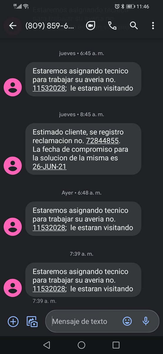 Reporte averia Domingo 830am, todos los dias llega un mensaje que asignaran un técnico, ayer me dicen que no se pueden contactar con mis 2 números (de Altice también)
6 dias despues sigo en espera por  <a href="/SomosAlticeDo/">Somos Altice Dominicana</a> <a href="/altice_do/">Altice Dominicana</a> 
Cc <a href="/ProConsumidorRD/">ProConsumidor</a> <a href="/ClienteRD/">Cliente Dominicano</a> <a href="/IndotelRD/">Instituto Dominicano de las Telecomunicaciones</a>