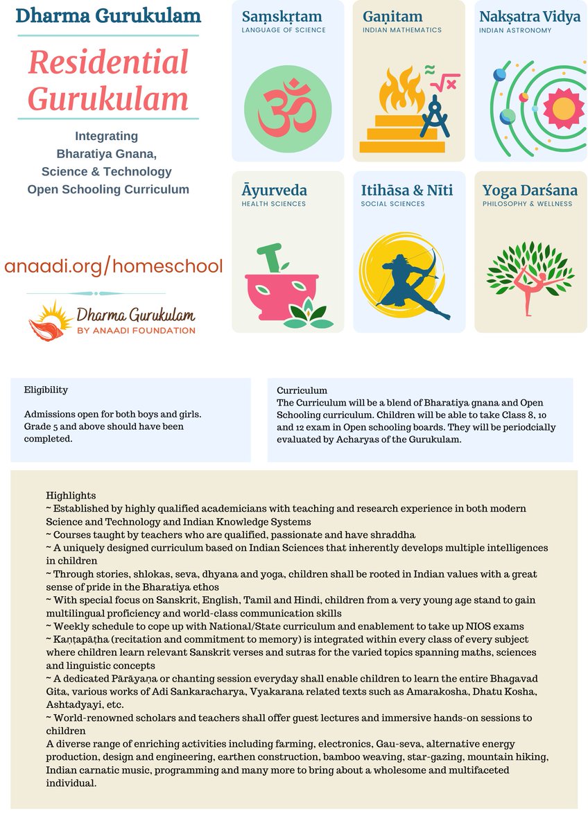 Maatrushree's tweet photo. An opportunity for children to undergo holistic learning through Bharatiya Gnana, science and technology and open schooling curriculum. Dharma Gurukulam (residential) by @anaadifdn https://t.co/xIs5AvL9Qz https://t.co/uaA0J7EhCL