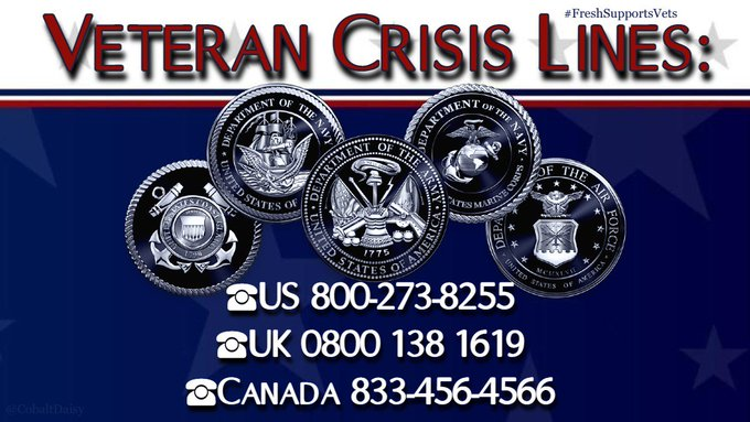 PeteWest420's tweet photo. Approximately 22 veterans per day commit suicide.
If you see someone sitting on the sidewalk or someone begging for food, please --
Lend a hand and call the Veteran Crisis Line. They may have fought for our freedom in the past.
#FreshCares
#FreshSupportsVets
#ONEV1 https://t.co/QzfaNKxXQn