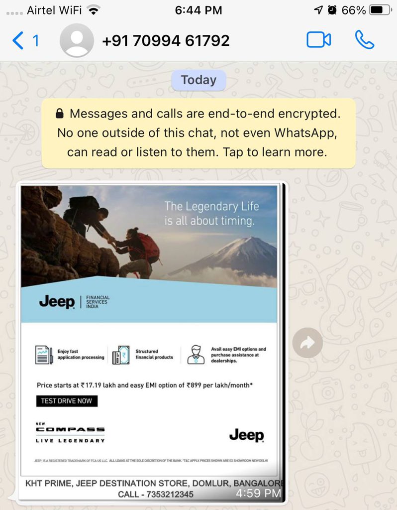 versatilebhavin's tweet photo. @JeepIndia @ParthaDatta - Customer data breach at #stellantis ! Received spam whatsapp messages from multiple unknown numbers from all parts of the country minutes after scheduling a service for my car. Fellow jeepers have faced the same issue. This is a clear #databreach https://t.co/ueNnoKUr4s