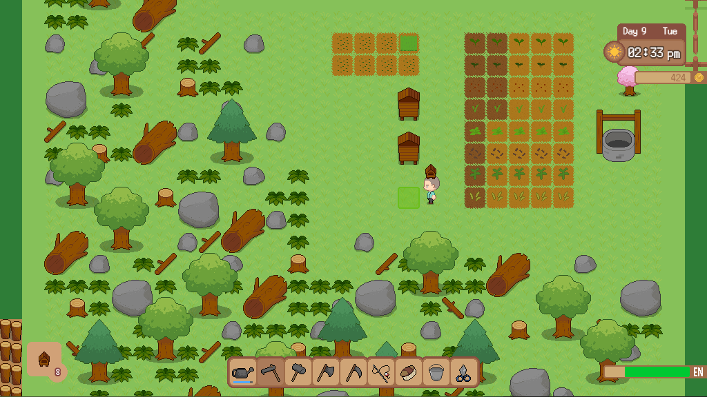 jomiancu's tweet photo. A few more early wip screenshots of the #rpgmakermv life/farm sim I'm working on! 
It's coming along nicely 🌞🌿🌻✨
#screenshotsaturday https://t.co/0Bz2EMSeIg