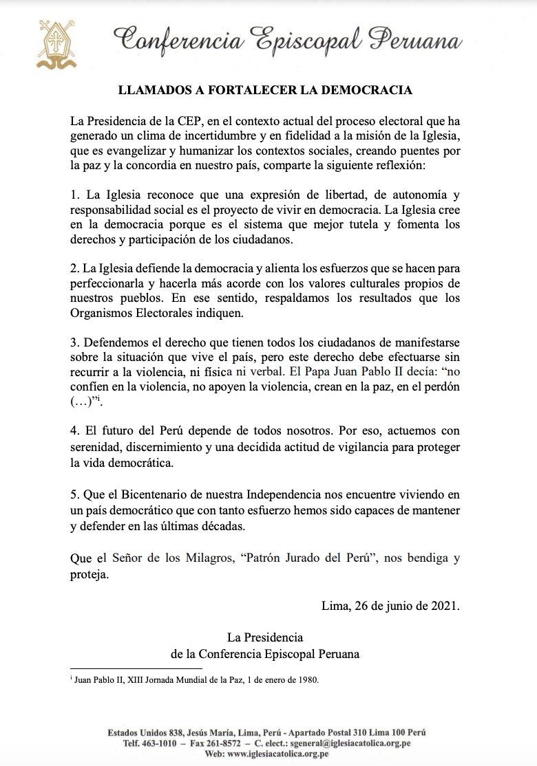 jfowks's tweet photo. "La Iglesia defiende la democracia y alienta los esfuerzos que se hacen para perfeccionarla [...] En ese sentido, respaldamos los resultados que los Organismos Electorales indiquen". Vía @conf_episcopal https://t.co/QhJj55scGT