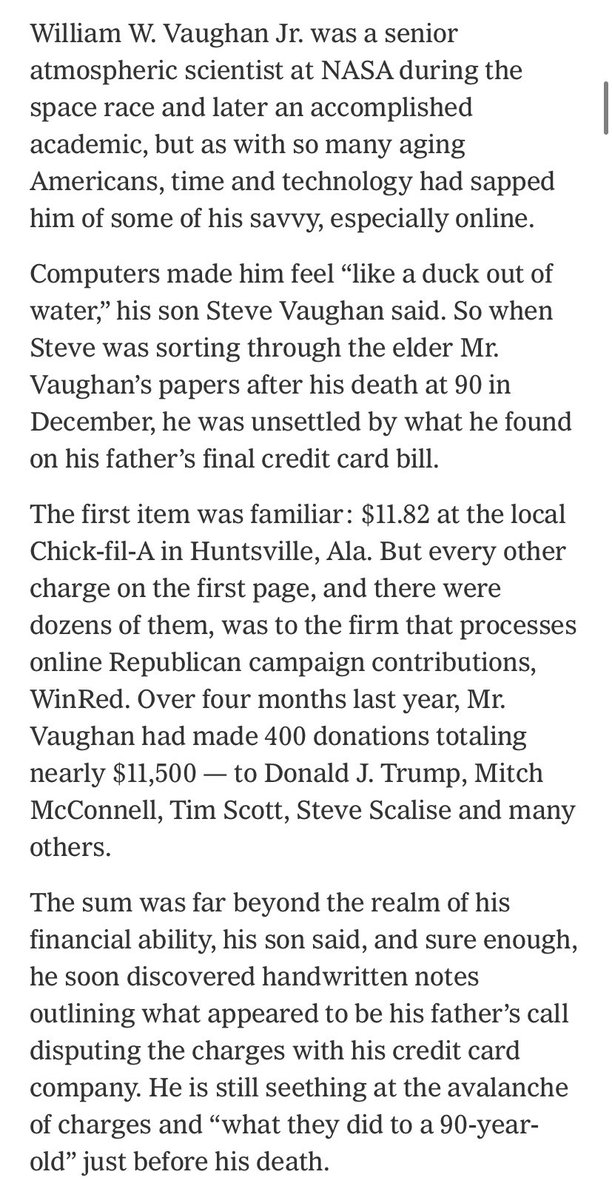 kaitlancollins's tweet photo. Unbelievable read on how deceptive campaign fundraising ensnares older people, with this shameful anecdote. Via @ShaneGoldmacher https://t.co/0uHXIwsZgJ https://t.co/7kZqbavmjk