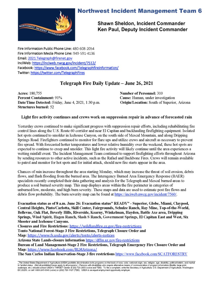 TelegraphFire's tweet photo. 6/26/2021 Telegraph Fire Daily Update
Highlights include information on suppression repair efforts and the potential impacts of forecasted rains.
#TelegraphFire https://t.co/rkfsaV7fJk