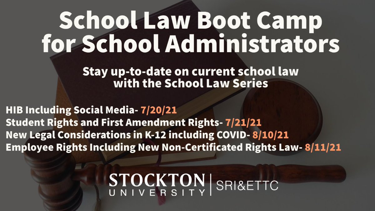 MAITSTOCKTON's tweet photo. School Law Boot Camp for School Administrators- All Four Sessions Registration! HIB Including Social Media, Student Rights &amp; First Amendment Rights, New Legal Considerations in K-12 including COVID, Employee Rights Including New Non-Certificated Rights Law https://t.co/WN4Xlb5hgN https://t.co/rWLZq0LbRg