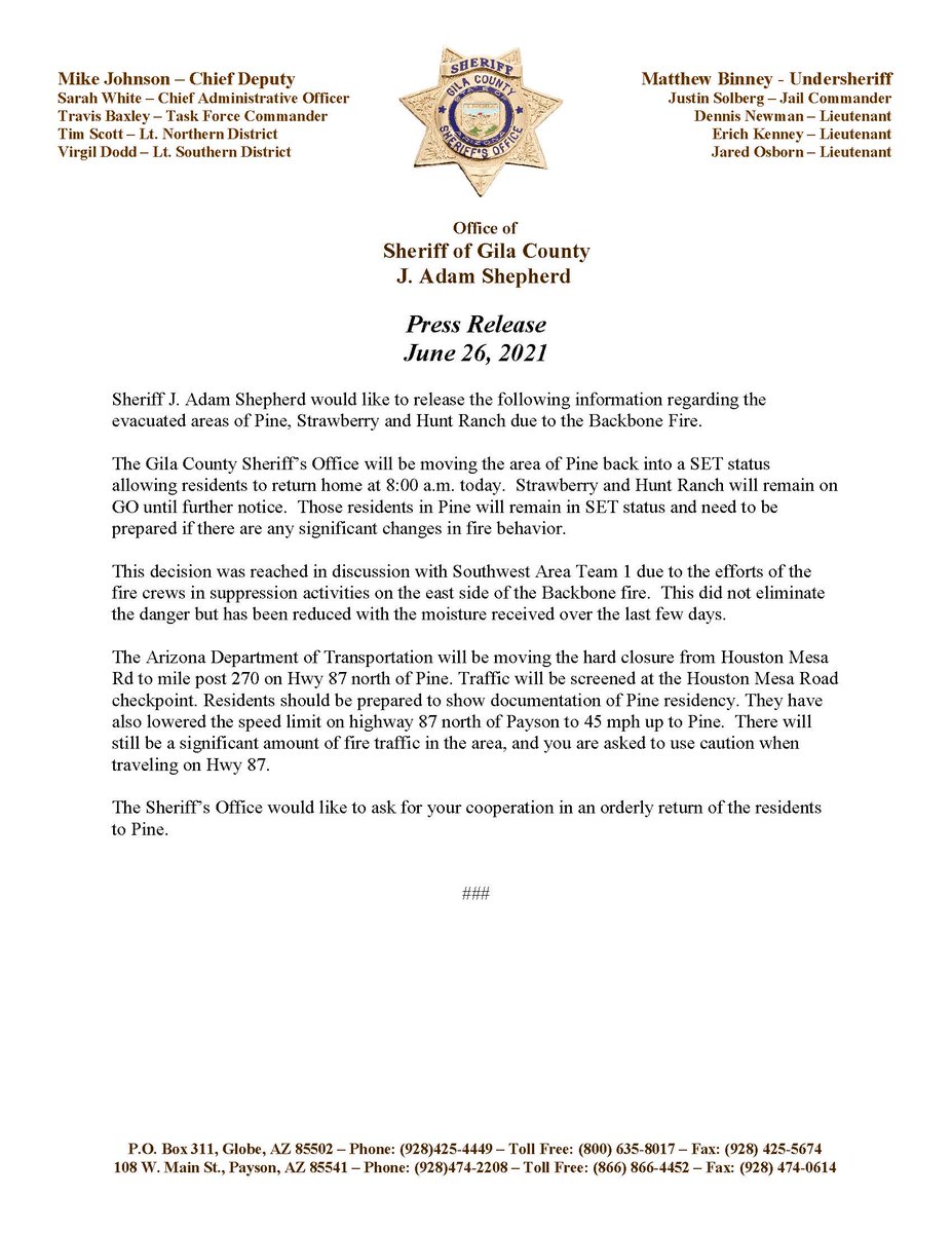 backbone_fire's tweet image. #BackboneFire2021 As of 08:00 am June 26, 2021, Residents of Pine will be allowed to return to their homes and will be in a Set status. Residents of Strawberry and Hunt Ranch remain in a Go status and remain evacuated.