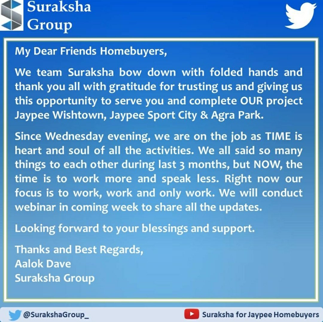 Suraksha Group (@surakshagroup_) on Twitter photo We thank each and every Homebuyer for having faith in us & supporting us. 🙏🏻
Looking forward to fulfilling all your expectations.
Thank you once again🙏🏻
#JaypeeHomeBuyers We thank each and every Homebuyer for having faith in us & supporting us. 🙏🏻
Looking forward to fulfilling all your expectations.
Thank you once again🙏🏻
#JaypeeHomeBuyers