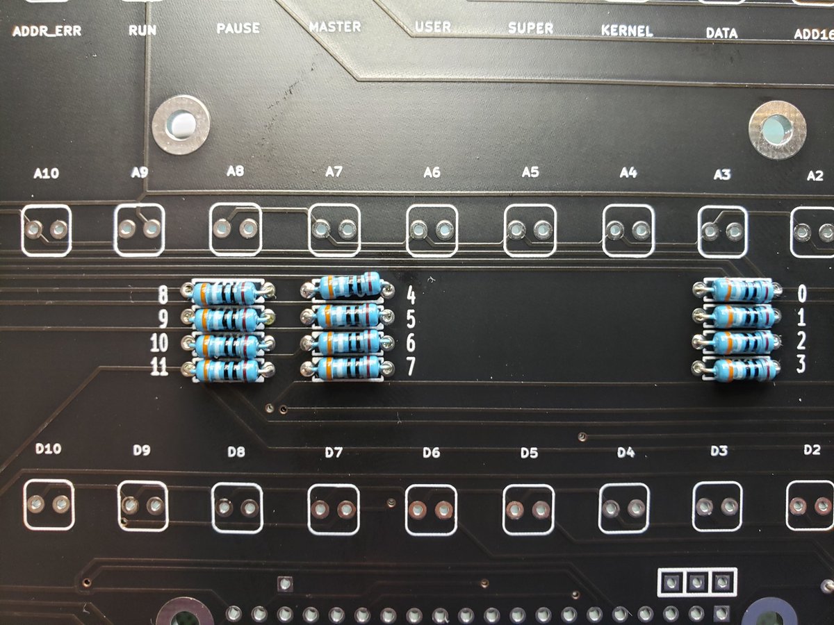 mark_lawler's tweet image. Followed by 12 resistors.  Making sure the color bands are all oriented the same way only for aesthetics. #PiDP11 #RetroComputing