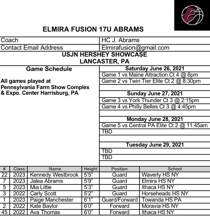 ElmiraFusion's tweet photo. FUSION 17U Abrams @USJN Hershey Showcase schedule for this weekend.  Girls continue to grind in preparation for a productive July!  Looking forward to good field of competition.
#FUSIONUP https://t.co/bw6U5h1U8E