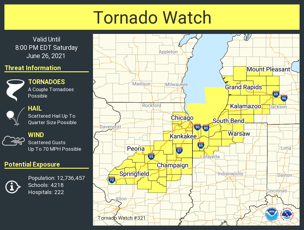 NWSChicago's tweet image. A tornado watch has been issued for parts of Illinois, Indiana and Michigan until 8 PM EDT
