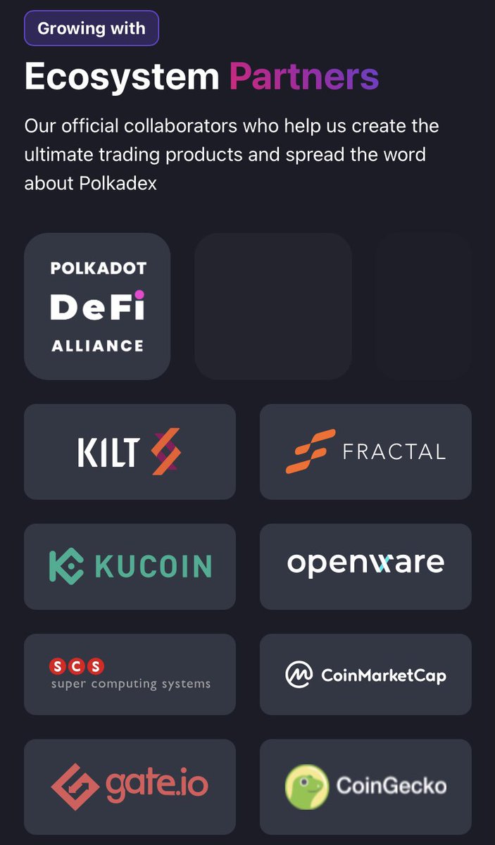 💻 Added new section to our website

🤝 Growing together with our ecosystem partners <a href="/polkadotdefi/">Polkadot DeFi</a> <a href="/Kiltprotocol/">Christina Christie</a> @fractalprtcl <a href="/kucoincom/">KuCoin</a> <a href="/openwarecom/">Openware</a> <a href="/SCS_AG/">Supercomputing Systems AG</a> <a href="/CoinMarketCap/">CoinMarketCap</a> @gate_io <a href="/coingecko/">CoinGecko</a>
