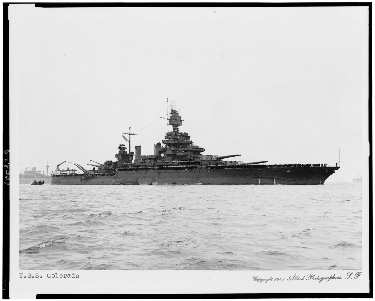 Rich_Ships's tweet photo. 🇺🇸 BB-45 USS COLORADO

New York Shipbuilding - Camden, NJ

3rd #Colorado

Laid 29-May-1919
Comm 30-Aug-1923
Decom 7-Jan-1947

7x Battle Stars
P2. Note the 2-gun turret. First class with 16" (406mm) guns - Puget Sound

P4 Okinawa
#navalhistory #BB45 #USSColorado #WW2 #WWII https://t.co/PCAjif1zLb