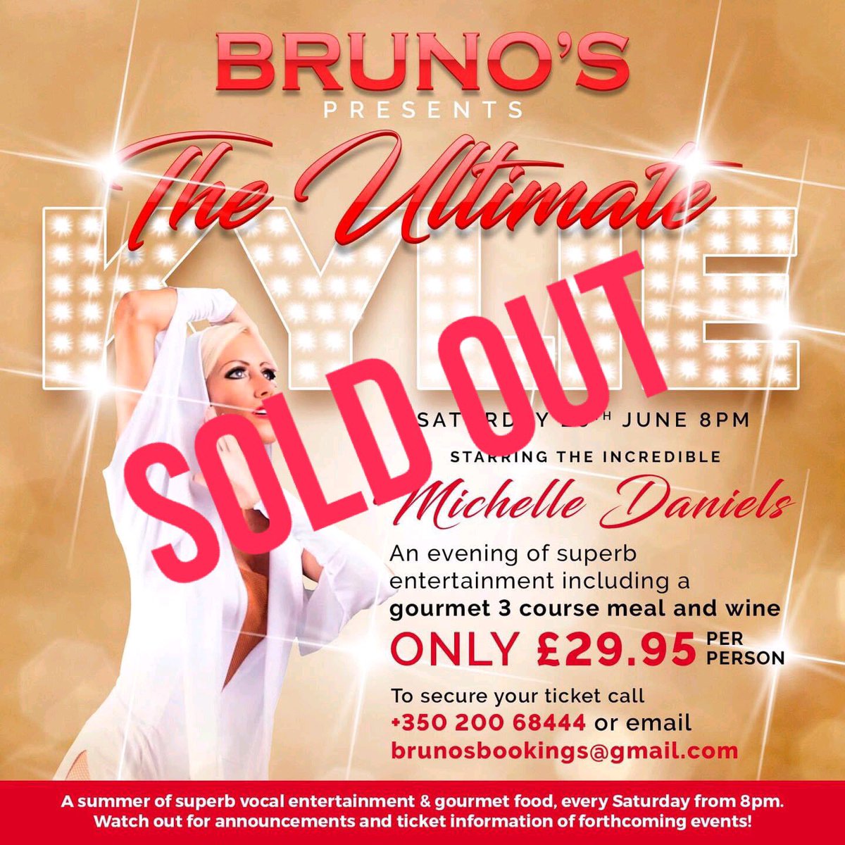 UltimateCher's tweet photo. The Ultimate Kylie tonight in Gibraltar 

SOLD OUT !!

⭐️⭐️⭐️⭐️⭐️ #tributeartiste #tribfest #kylieminogue #internationalvocalist #gibraltar #brunos #costadelsol https://t.co/4zTVX5kACK