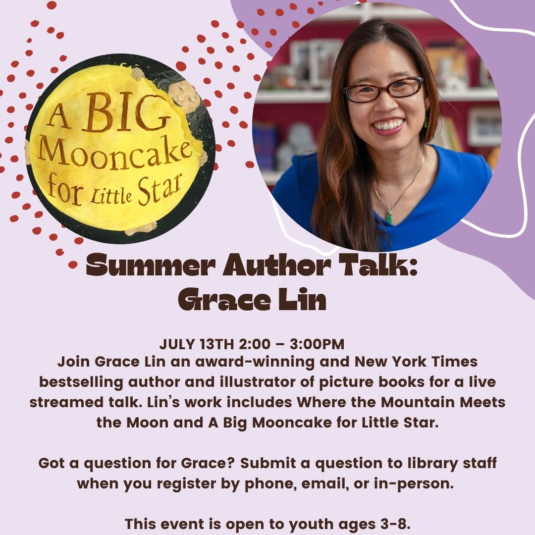GibsonsLibrary's tweet photo. Author Talk
July 13th 2:00 – 3:00

Grace Lin is an award-winning and New York Times bestselling author and illustrator of picture books, early readers and middle grade novels. 

Register for this live streamed event open for youth age 3-8 by phone, email, or in-person. https://t.co/t6INdUFhAf
