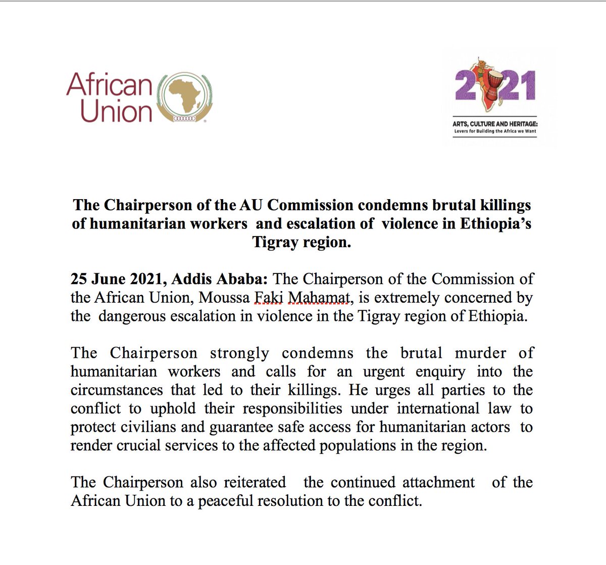 _AfricanUnion's tweet image. [Read] The Chairperson of the @_AfricanUnion Commission @AUC_MoussaFaki condemns the brutal killings of humanitarian workers and escalation of violence in #Ethiopia’s #Tigray region @ au.int/en/pressreleas…