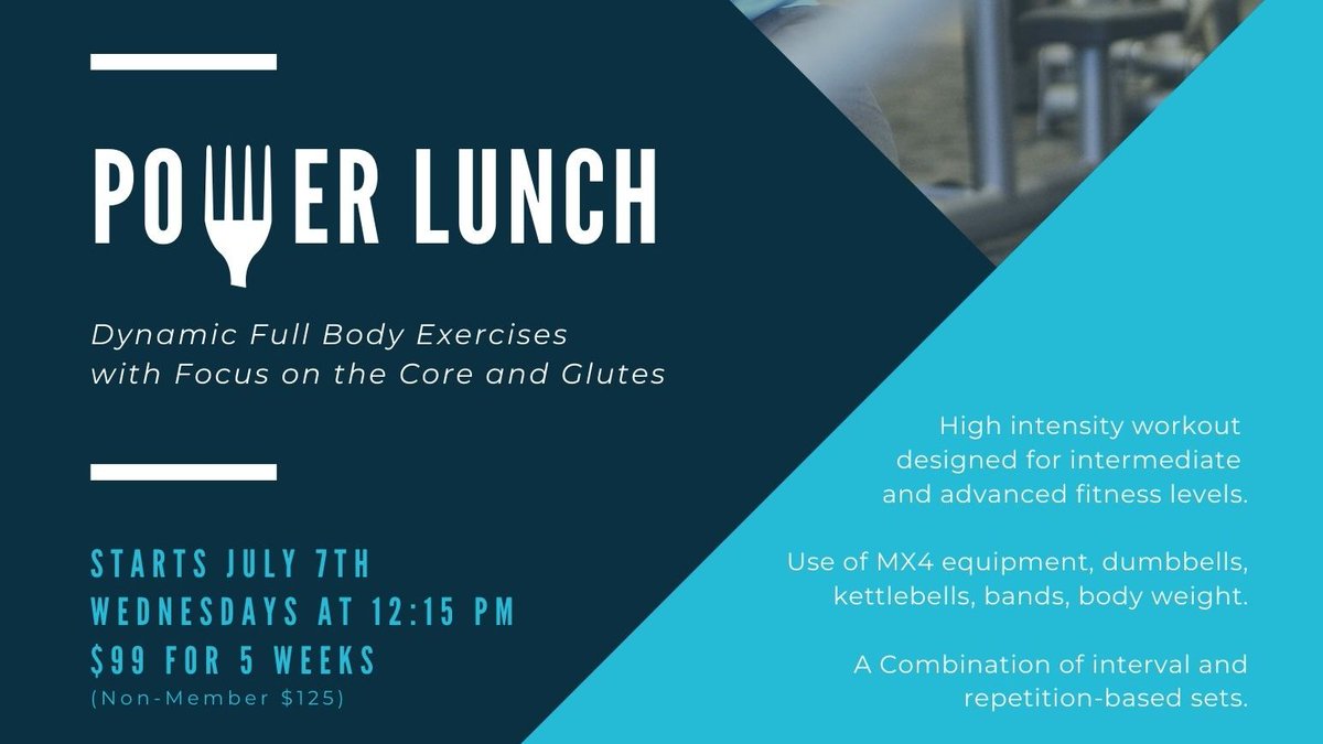 Power Lunch

Dynamic full body exercises with focus on the core and glutes. Use of MX4 equipment, dumbells, kettlebells, bands, and body weight.

5 week program starts July 7th. Wednesdays at 12:15 pm.

Secure Your Spot Here: hnd-p-ols.spectrumng.net/granite/Member…