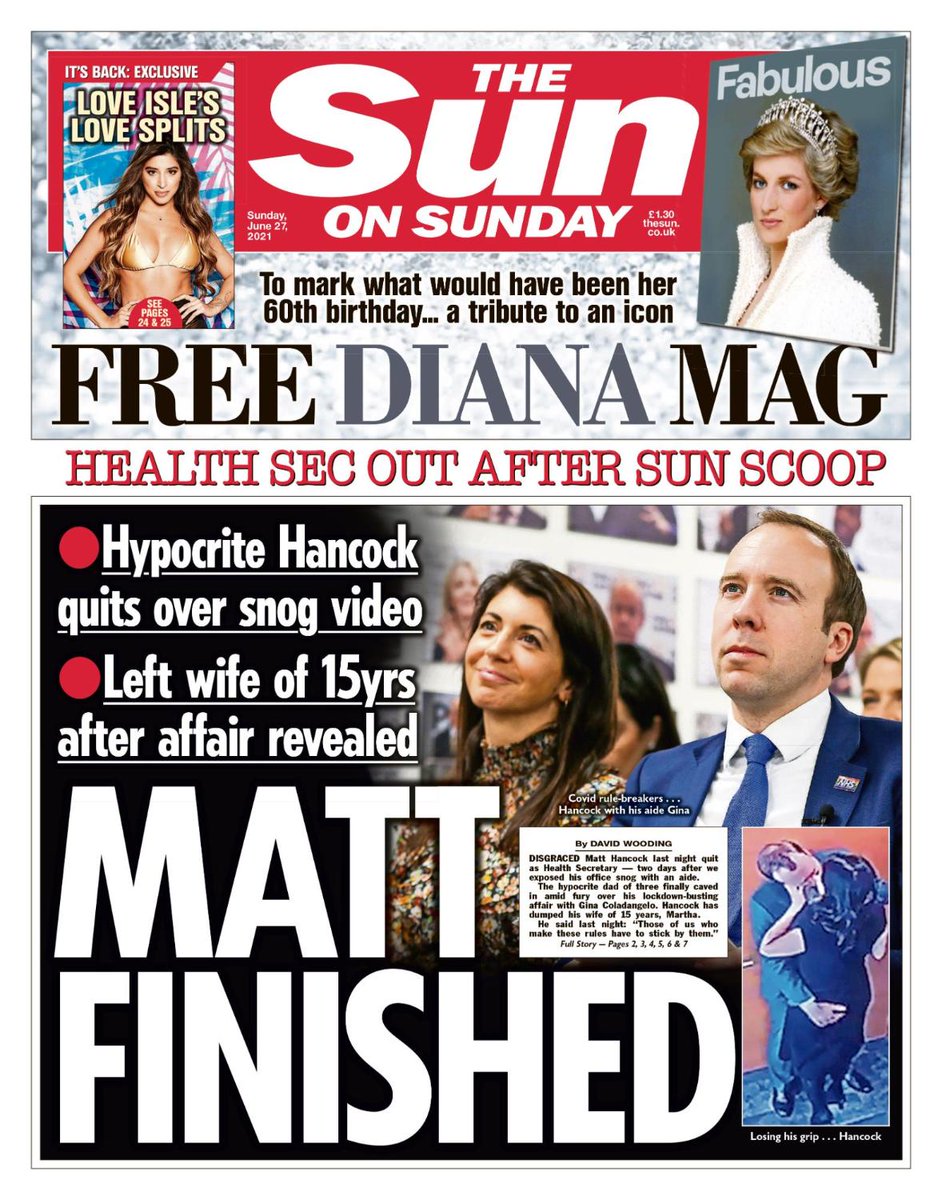 Tomorrow's front page Matt Hancock resigned tonight after aide affair was exposed