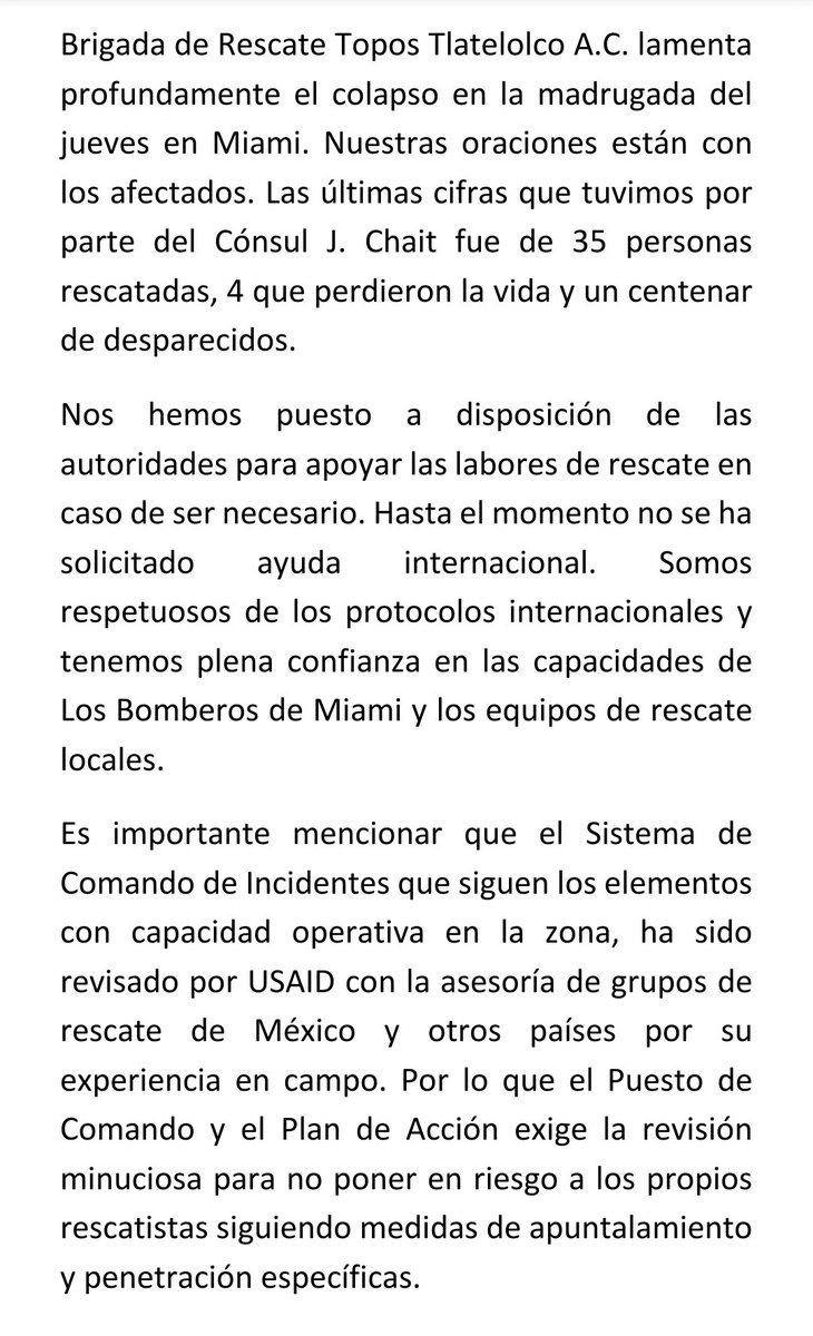 topos's tweet photo. Los Topos lamentamos el derrumbe en #Miami. Nuestras oraciones están con las familias de las víctimas. 🙏 #PrayForMiami

@JchaitA @m_ebrard @SRE_mx https://t.co/LKuamo7Q4L
