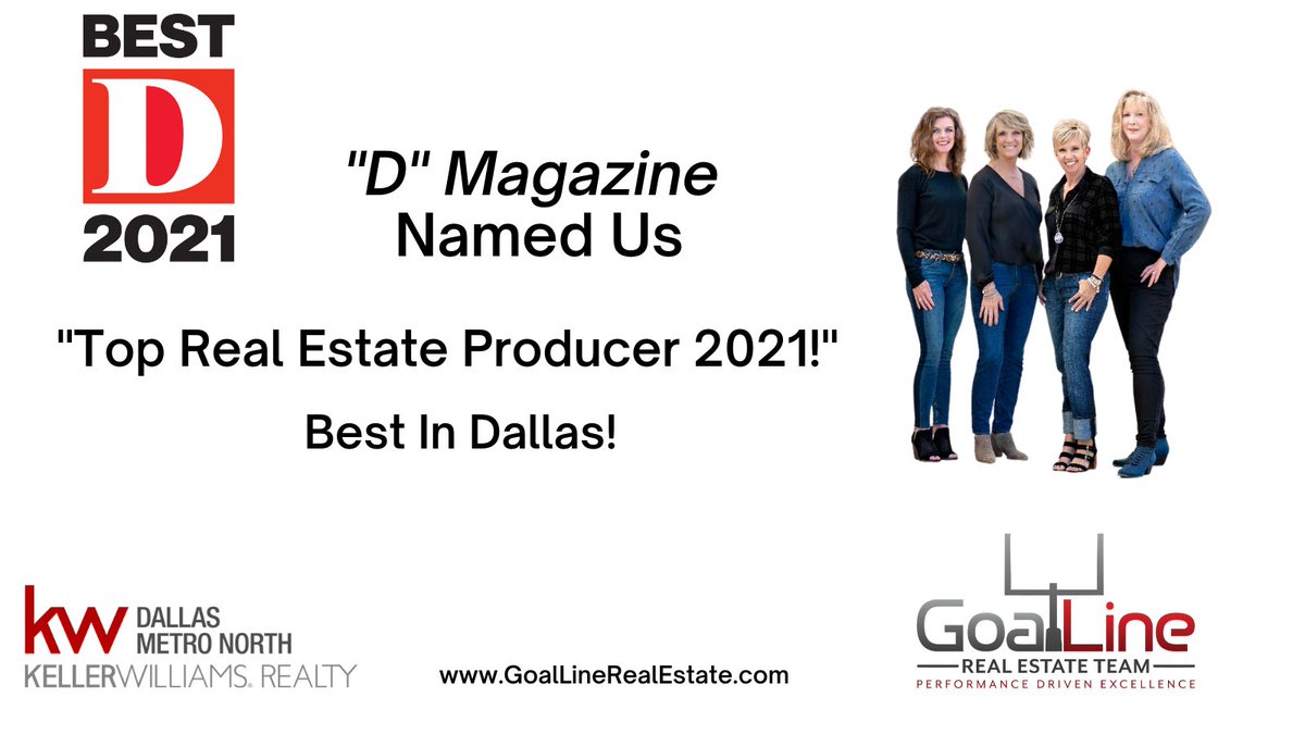 GoalLineRE's tweet image. We were named "Top Producer" by "D" Magazine! Best in Dallas! We are so proud!!! 

directory.dmagazine.com/search/?sectio…

#goallinerealestate #bethbrake #mindyshort #dfwrealestateagent #localdfwrealtor #localdfwreallestate #dmagazine #bestofdallas #Dallas #dallastexas #BigD #topproducer