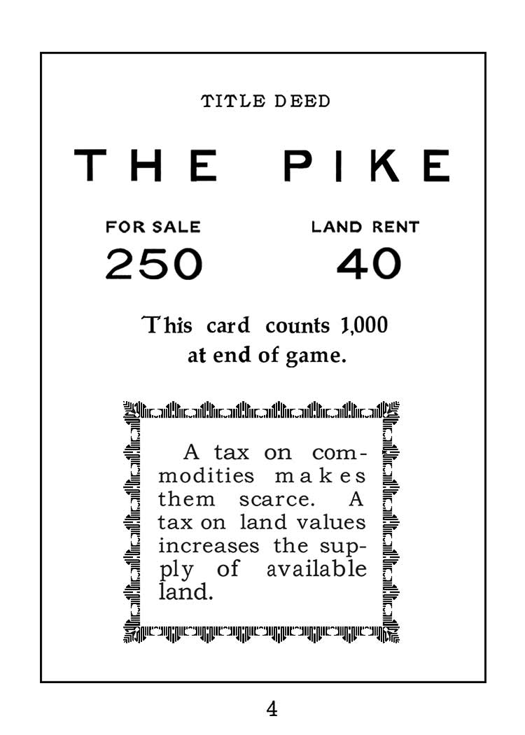 LandlordsGame's tweet photo. Here is an example of the price update on a title deed card.
The Pike would later become Oriental Ave on modern monopoly. Oriental has a price of 100, rent starts at 6, up to 550 with hotel. The Pike, with a price 250, rent at 40, would only go to 320 with a maximum of 3 houses. https://t.co/apvKNqmaIp
