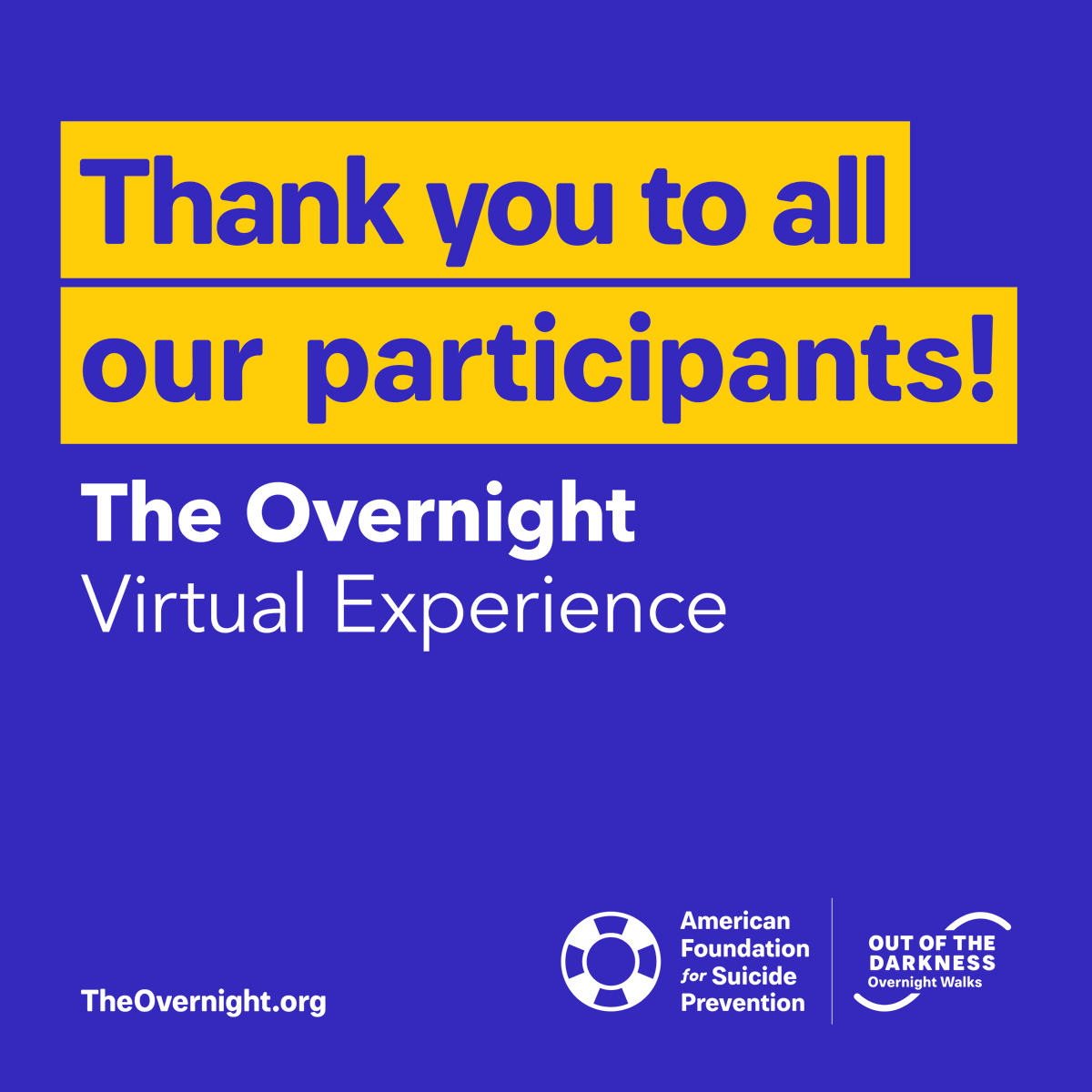 OvernightWalk's tweet photo. Thank you so much for joining us for The Overnight Virtual Experience!  Over 1500 participants joined us and raised almost $900,000 this year. Thank you for helping us save lives and bring hope to those affected by suicide. https://t.co/FKuDw9vRI1