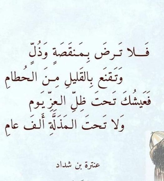 2Bahja's tweet photo. فلا ترض بمنقصة وذل
                  وتقنع بالقليل من الحطام
فعيشك تحت ظل العز يوما
                  ولا تحت المذلة ألف عام

عنترة بن شداد https://t.co/c9BBR6YH1V