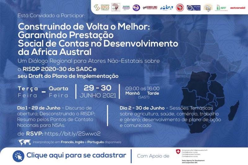 📣Join Dialogue on #SADC RISDP 2020-30 “Building Back Better: Ensuring Social Accountability in Southern Africa’s Dvpt” <a href="/PSAAlliance/">PSAAlliance</a> <a href="/ActionAid/">ActionAid</a> <a href="/SAfAIDS/">SAfAIDS</a> <a href="/PSAM_AFRICA/">PSAM</a> @SAPSN <a href="/SthrnAfrcaTrust/">Southern Africa Trust</a> <a href="/EsaffHQ/">ESAFF Head Office</a> <a href="/MISARegional/">MISA Regional</a> <a href="/GenderLinks/">Gender Links</a> <a href="/SATUCC/">SATUCC</a> <a href="/EconJustNetwork/">EJN of Foccisa</a> 
Reg: bit.ly/2Swwo2J